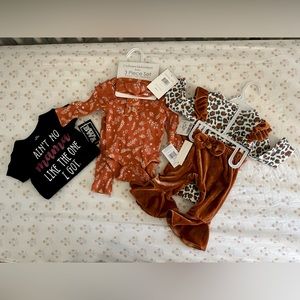 Bundle of 3 NWT 3mo outfits. Velvet ruffles, Leopard Print, velvet Bell bottoms